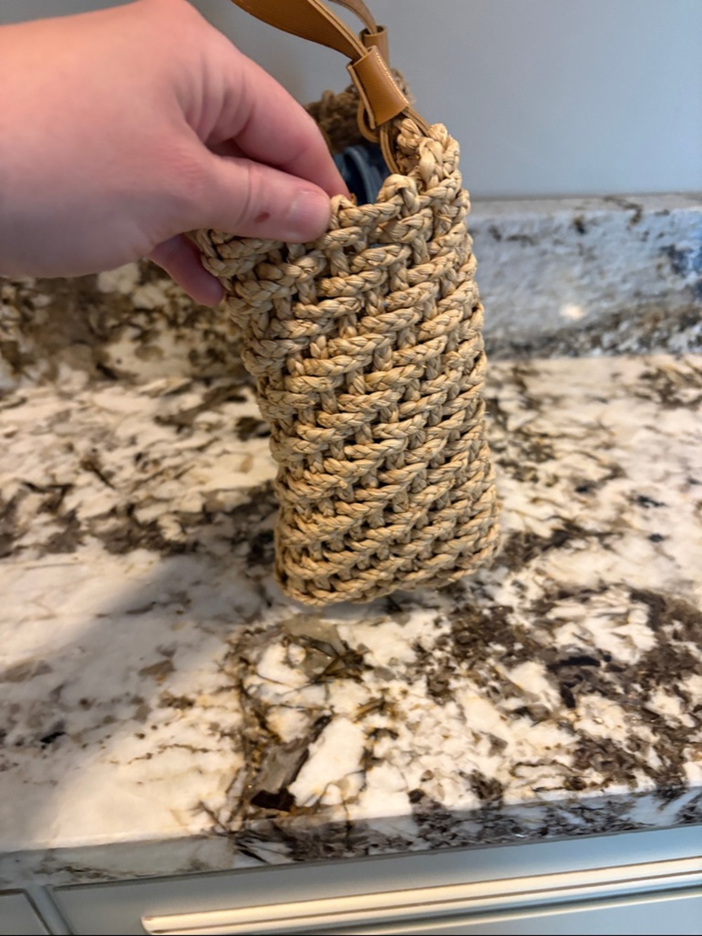 Woven Straw Tote Bag with Tan Leather Handles - Picture 5 of 7